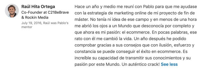 Testimonio de Raúl Hita sobre Pablo Renaud, consultor ecommerce